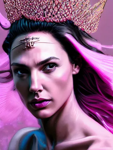 Image similar to pink portrait of young beautiful female angel queen Gal Gadot head wearing shiny pink crown, subtle purple accents, hyper details, black metal rococo, sculpted by Alex Alice, Craig Mullins, yoji shinkawa, trending on artstation, beautifully lit, Peter mohrbacher, hyper detailed, insane details, intricate, elite, elegant, luxury, ray of light through smoke, CGsociety, hypermaximalist, golden ratio, background urban cityscape, night, neofuture, volumetric, octane render, weta digital, micro details, 3d sculpture