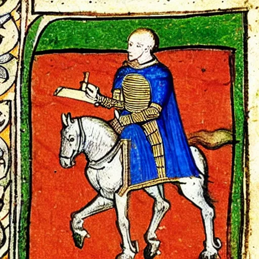 Image similar to a 1 5 th century medieval manuscript illustration of a knight on his phone, high quality scan, university of oxford