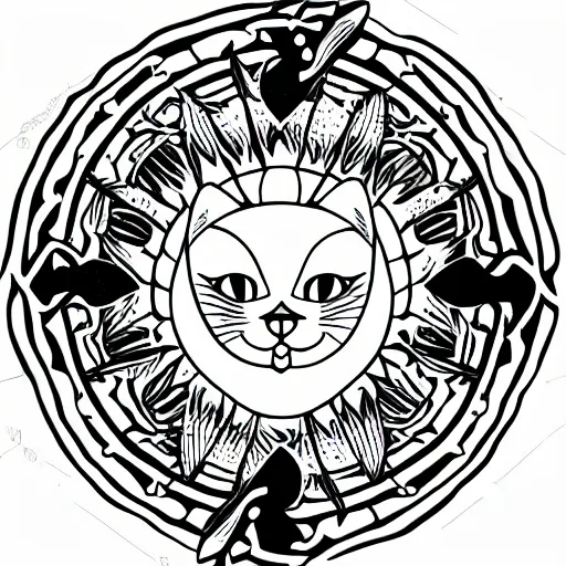 Image similar to tattoo sketch of a cat hugging the sun, on a canva, polynesian style, ornamental, line art, vector,