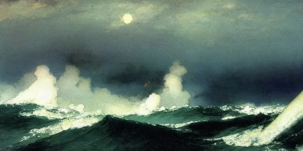 Image similar to “ ( ( ( ( ( boat on fire in rough ocean waves ) ) ) ) ) painted by caspar david friedrich and ivan aivazovsky and winslow homer!!!!!!!!!! ”