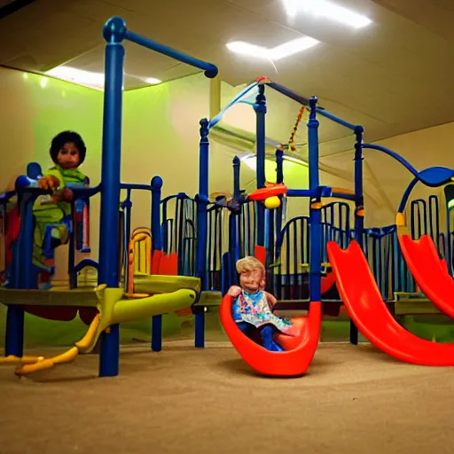 Image similar to a dimly lit indoor children's playground photo taken with a deposable camera limital space