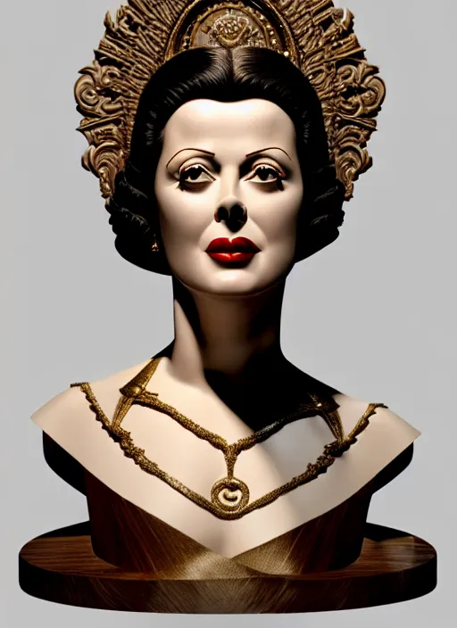 Prompt: high intricate bust of an hedy lamarr carved from wood in baroque style, studio light, maria panfilova, andrea savchenko, mike kime, ludovic plouffe, qi sheng luo, oliver cook, trending on artstation