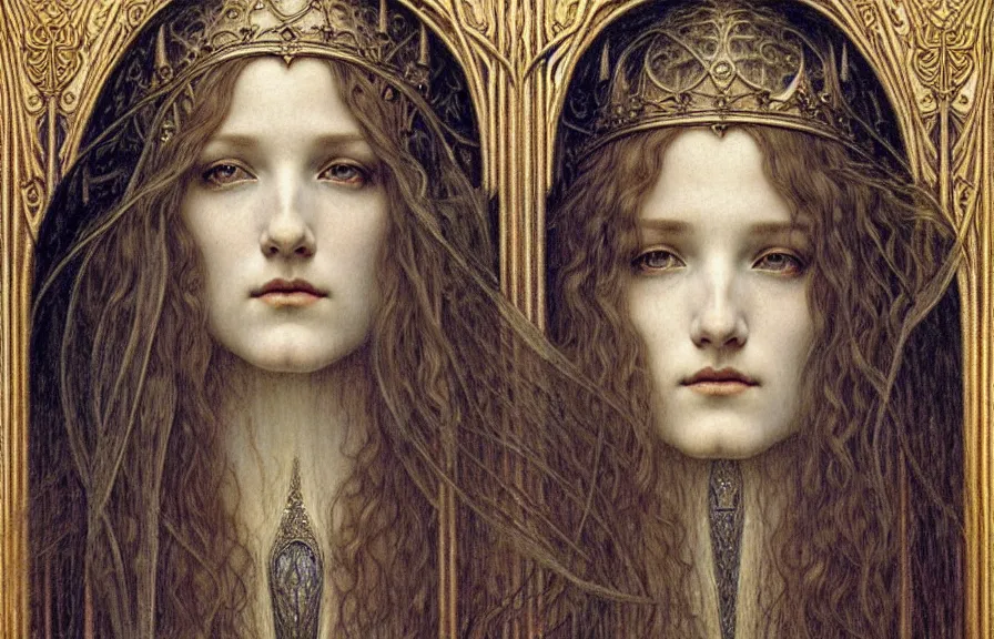 Image similar to detailed realistic beautiful young medieval queen face portrait by jean delville, gustave dore and marco mazzoni, art nouveau, symbolist, visionary, gothic, pre - raphaelite. horizontal symmetry