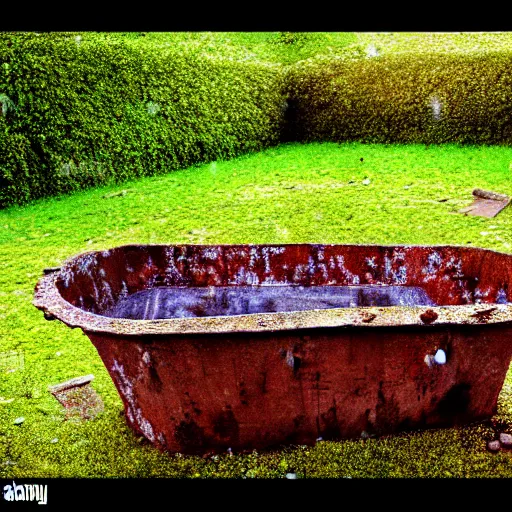 Image similar to hyperrealism photography computer simulation visualisation of parallel universe detailed old rusty bath in the detailed ukrainian village garden in dramatic scene from art house futuristic movie by caravaggio and alejandro jodorowsky