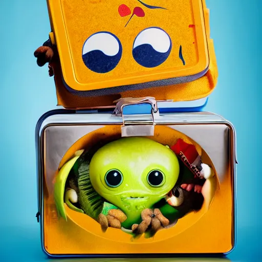 Image similar to cute monster in a lunch box by Greg Rutkowski, product photography, centered, studio lightning