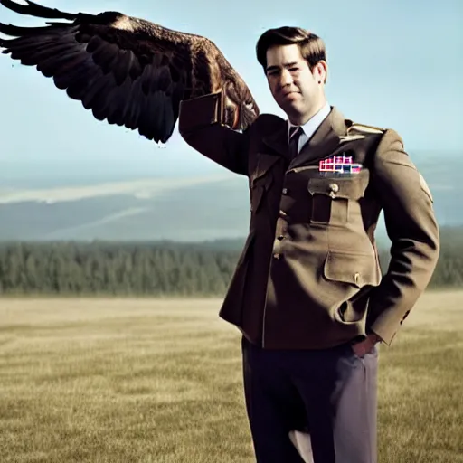 Prompt: john krasinski saluting a bald eagle, portrait, beautiful, patriotic, perfect face, spontaneous portrait, sharp focus, octane