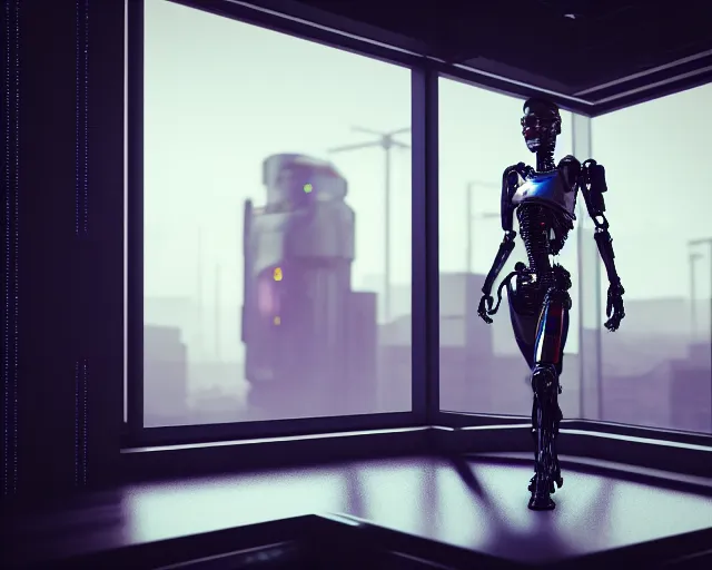 Image similar to terminator mechanical cyborg lady with borg enhancements and optical fibers and human face is drinking coffee near a window with dystopian city visible outside. very detailed 8 k. cyberpunk fantasy style. unreal engine render. global illumination. nanite. rtx. path tracing.