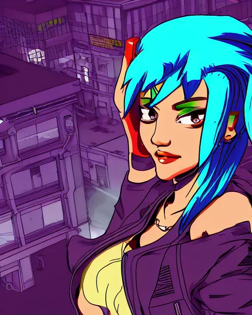 Image similar to cel shaded art of a pretty blue haired girl, jet grind radio graphics, cyberpunk city street background