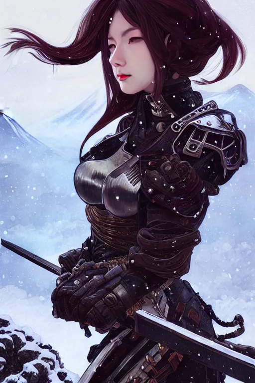 Prompt: portrait ninja gaiden girl, armored dieselpunk wardrobe, at snowy fuji mountain moonlight, fantasy, intricate and very beautiful and elegant, highly detailed, digital painting, artstation, concept art, smooth and sharp focus, cg by tian zi and wlop and alphonse mucha