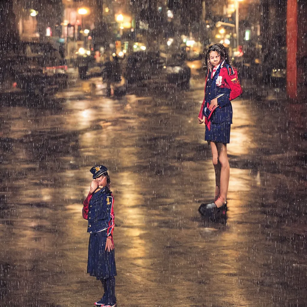 Image similar to night flash portrait photography of a high school girl in uniform on the lower east side by annie leibovitz, colorful, nighttime!, raining!