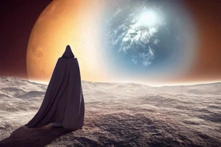 Prompt: 3 d render of a hooded figure planeswalking on new planets, 4 k