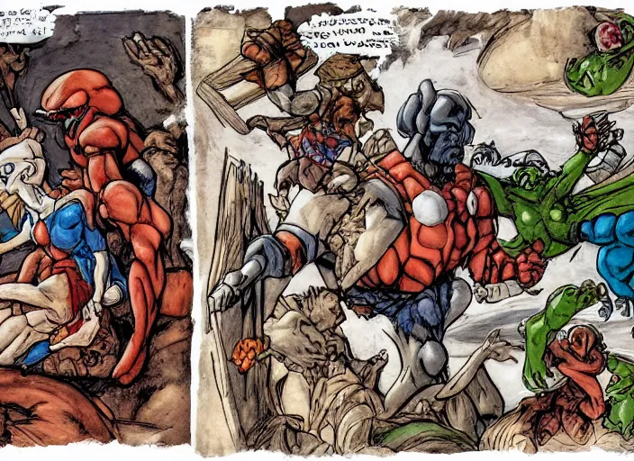 Image similar to Michaelangelo's masterpiece The Creation of Adam, repainted and reimagined by Todd McFarlane, in the style of Spawn and the Maxx