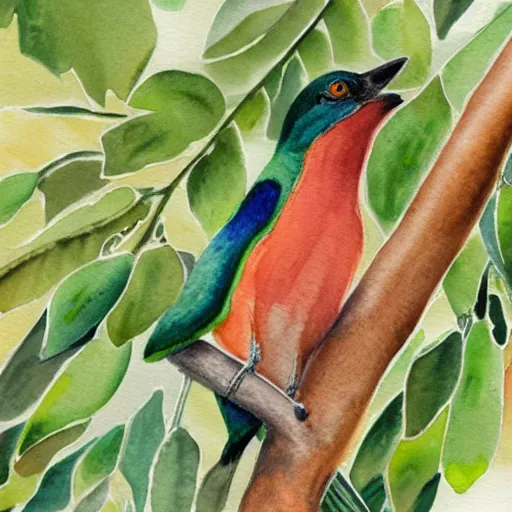 Prompt: A realistic watercolour painting of a Trogon in a wild avocado tree, fine detail, washed out background