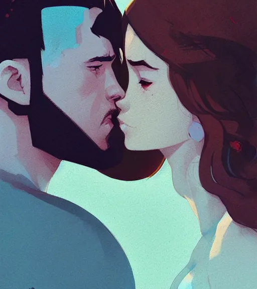 Image similar to portrait of jon kissing dany by atey ghailan, by greg rutkowski, by greg tocchini, by james gilleard, by joe fenton, by kaethe butcher, dynamic lighting, gradient light blue, brown, blonde cream and white color scheme, grunge aesthetic