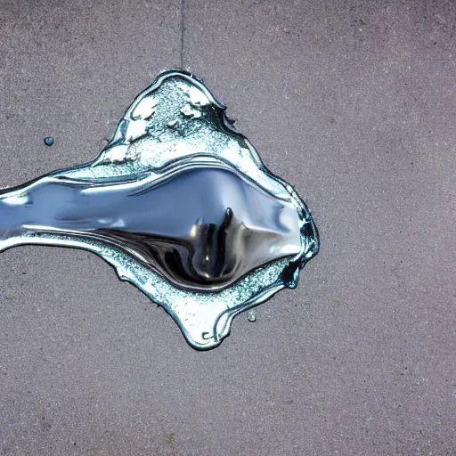 Image similar to photo of a dripping chrome blob melting on a city street macro