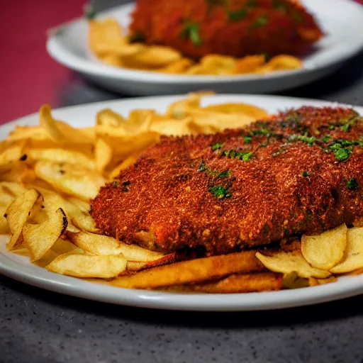 Prompt: Detailed professional photography of a chicken Parm with chips