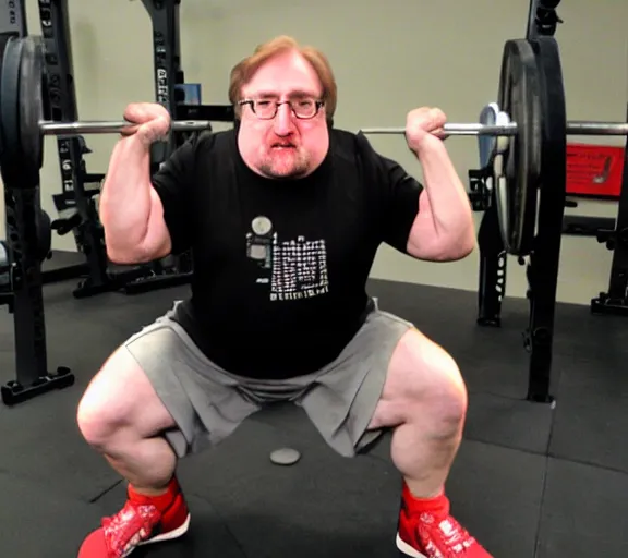 Image similar to gabe newell performing squats, award winning photograph by artie zeller