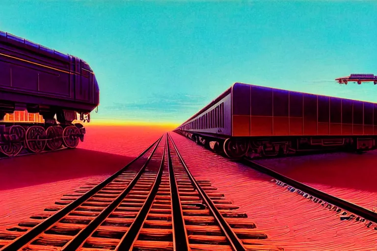 Prompt: a building on huge train tracks traveling through the desert, futuristic, fantasy, intricate, elegant, dramatic lighting, highly detailed, lifelike, photorealistic, artstation, concept art, smooth, sharp focus, illustration, art by syd mead and beksinski and john blanche and paul dainton