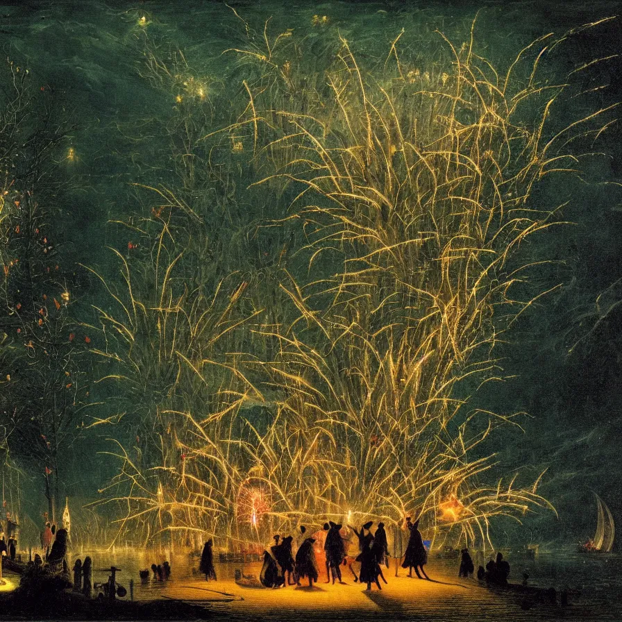 Image similar to closeup of a night carnival around a magical in a summer storm, tree cavity with a music scenario with many fireworks and christmas lights, next to a lake with iridiscent lake water, volumetric lightning, folklore people disguised with fantastic creatures in a magical forest by summer night, masterpiece painted by caspar david friedrich, scene by dark night environment, refraction lights,