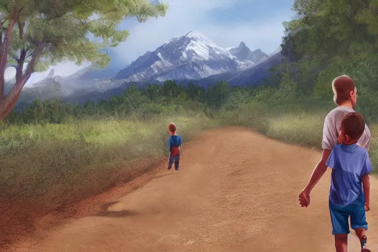 Prompt: a young boy holds his mother's hand as they walk down a dirt road, mountains loom in the background, digital art, realistic, 3 d art, scenery, rendered, illustration, detailed