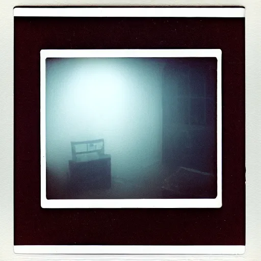 Image similar to you are lost in the backrooms, ghost, polaroid, laminal space, foggy