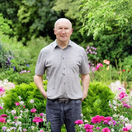 Image similar to a photo of a man standing in a garden surrounded by beautiful flowers