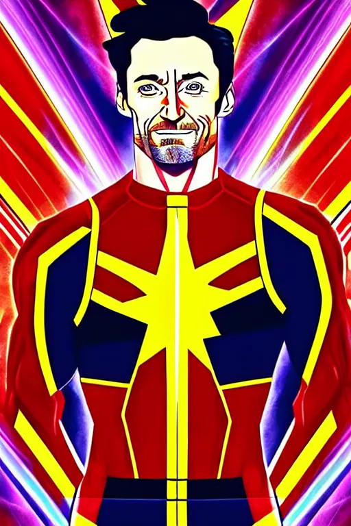 Image similar to Hugh Jackman as Captain Marvel high quality digital painting in the style of James Jean