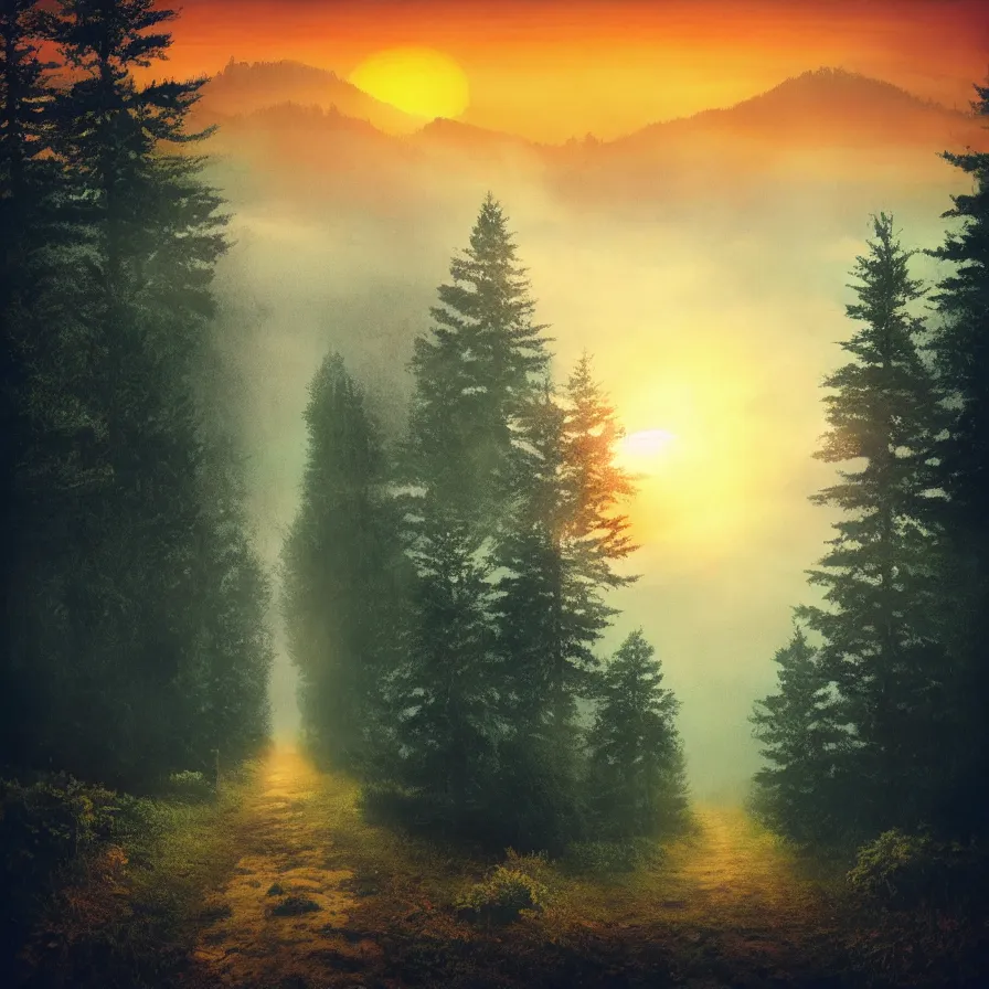 Prompt: unique artwork for an atmospheric indie music album titled :'a pathway to the sun '. forests, hills, clouds, sunrise, foggy, horizon