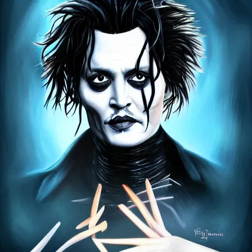 Image similar to portrait of johnny depp as edward scissorhands, highly detailed, centered, solid color background, digital painting