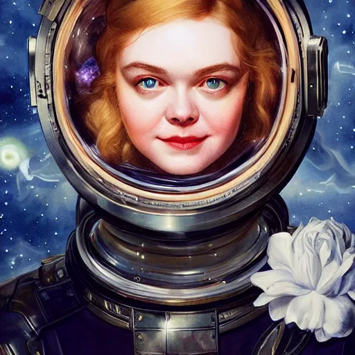 Image similar to Elle Fanning holding a skull in space, artstation, by J. C. Leyendecker and Peter Paul Rubens, Extremely detailed. 4K. Award winning.