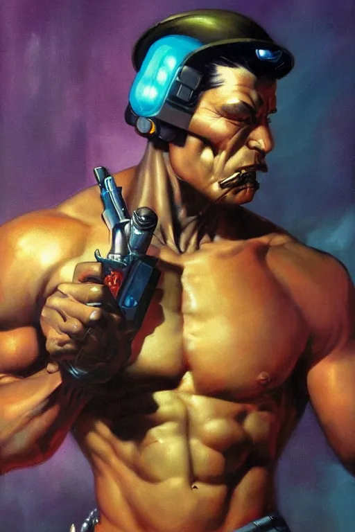 Image similar to A muscular android smoking a cigar in a cyberpunk setting, by Frank Frazetta, 1980s synthwave color palette, Trending on Artstation, highly detailed,