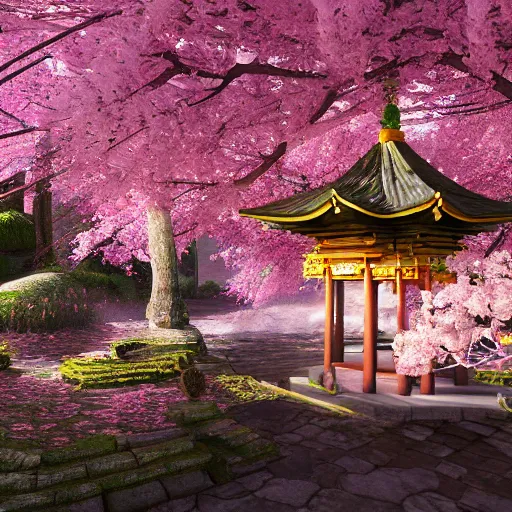 Image similar to Temple under Sakura Trees, photorealistic, hyper detailed, 8k, beautiful artwork, fantastic landscape, magical fairy landscape, volumetric lighting, octane render