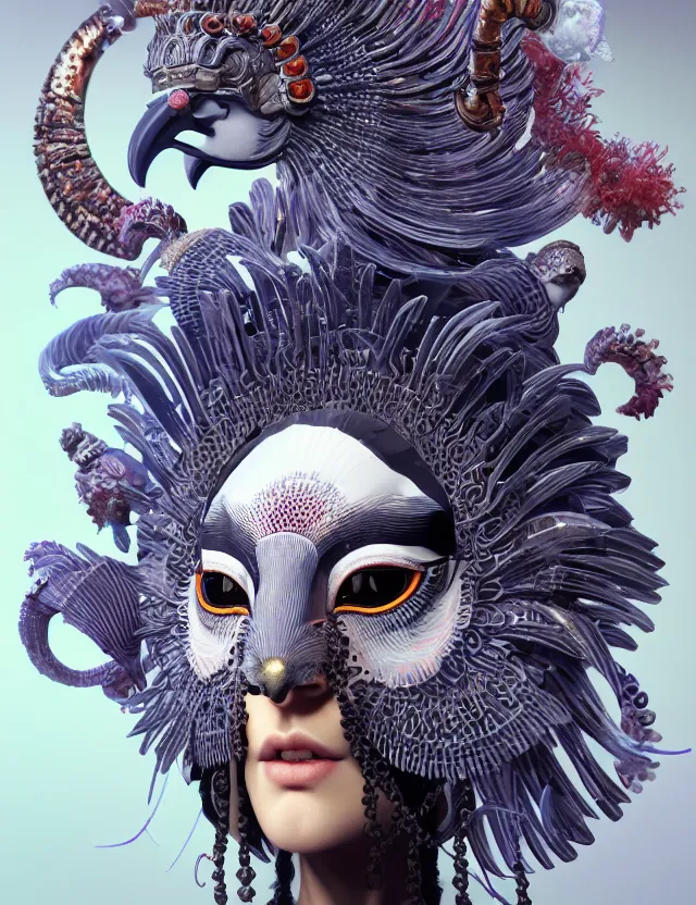 Image similar to 3 d goddess close - up 3 / 4 portrait with ram skull. beautiful intricately detailed japanese crow kitsune mask and clasical japanese kimono. betta fish, jellyfish phoenix, bio luminescent, plasma, ice, water, wind, creature, artwork by tooth wu and wlop and beeple and greg rutkowski