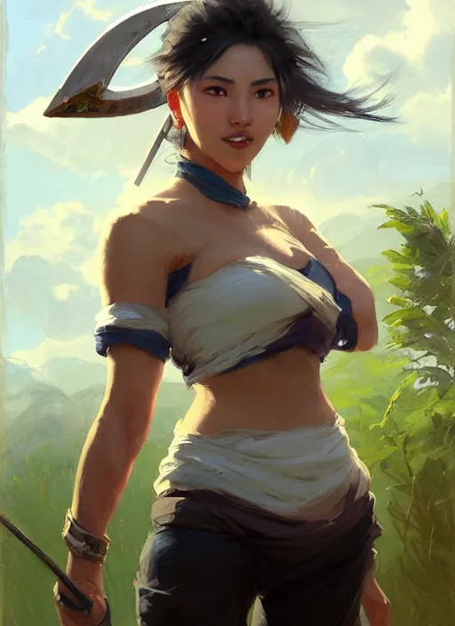 Image similar to portrait of Akali from League of Legends after work, countryside, calm, fantasy character portrait, dynamic pose, above view, view from above, sunny day, thunder clouds in the sky, artwork by Jeremy Lipkin and Giuseppe Dangelico Pino and Michael Garmash and Rob Rey, very coherent symmetrical artwork, sharp edges, perfect face, simple form, 100mm