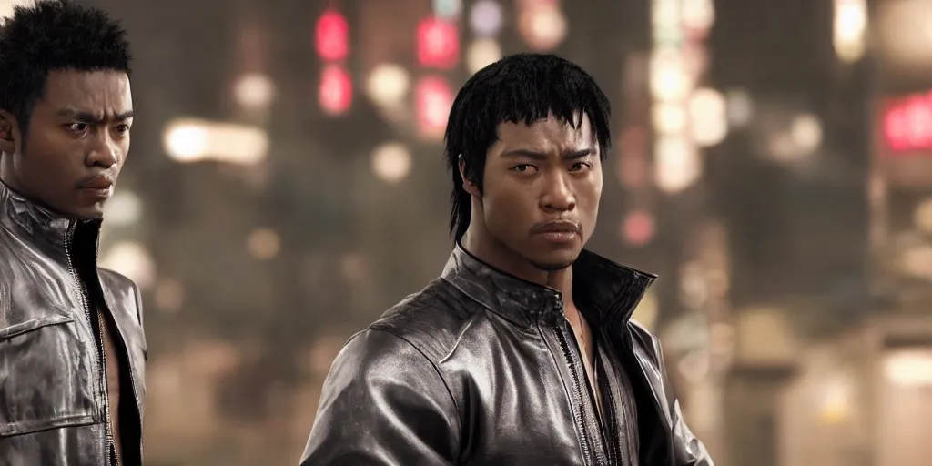 Prompt: a film still of a black man starring in a japanese blockbuster film as jin kazama from tekken, shallow depth of field, cinematic, award winning cgi, vfx, film still