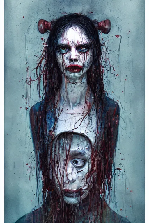 Image similar to watercolor cartoon grunge portrait of a creepy horror nurse girl . intricate abstract. intricate artwork. nightmare fuel. terrifying. by zdzisław Beksiński, wlop, dan mumford , trending on artstation, greg rutkowski very coherent symmetrical artwork. cinematic, hyper realism, high detail, octane render, 8k