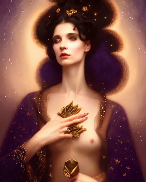 Image similar to Nocturne, glowing, stars, a portrait of a beautiful female shadow djinn creature with long fur collar, highly detailed, mysterious, ethereal, dressed in velvet and gold jewelry, haute couture, illustration, dramatic lighting, soft details, painting, by Edmund Blair Leighton, Brom, Charlie Bowater, trending on artstation, faces by Tom Bagshaw, otto schmidt