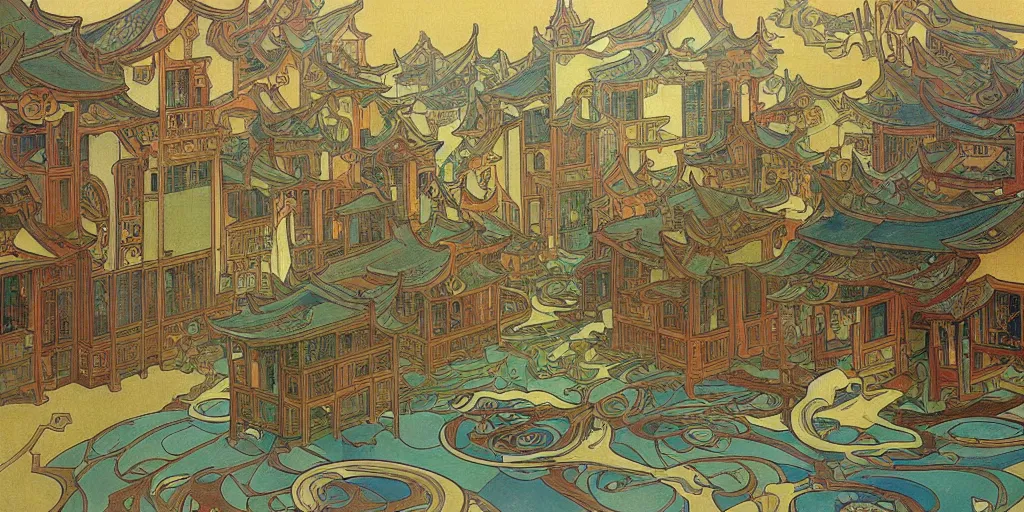 Image similar to a painting of abstract buildings like chinese ancient village houses by alphonse mucha and yves tanguy