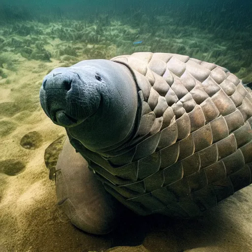 Image similar to a Manatee with the armor of a pangolin, national geographic photograph