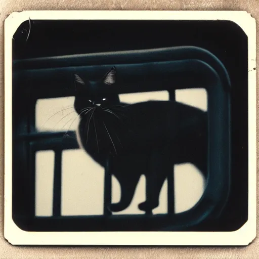 Image similar to black cat in a rollercoaster. polaroid. bleak.