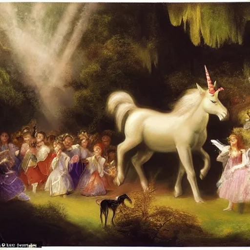 Prompt: The conceptual art features a pantomime unicorn onstage, surrounded by a group of children who are clapping and cheering. The unicorn is wearing a sparkly costume and has a long, flowing mane. Its horn is glittering and its eyes are wide open, as if it is enjoying the performance. by Thomas Moran flowing