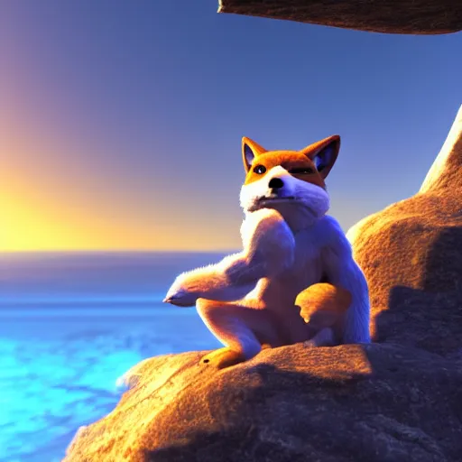 Prompt: high quality photo of star fox looking out at the ocean at sunset realism 8k award winning photo