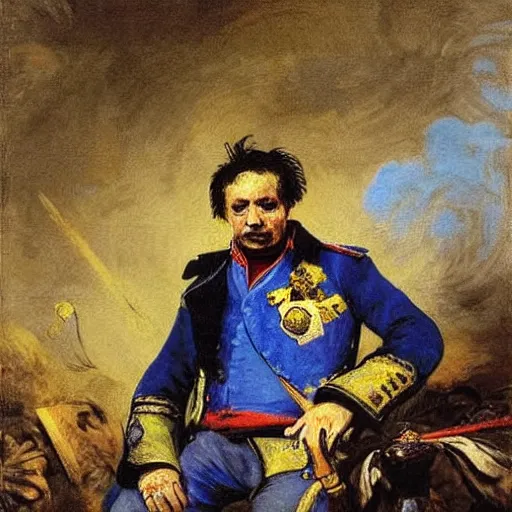 Image similar to Volodymyr Zelensky at war, dressed like Napoleon Bonaparte, his clothes are torn and dirty, he is sitting between dead corpses and weeping, holding a half burnt blue and yellow flag of Ukraine, by Francisco Goya