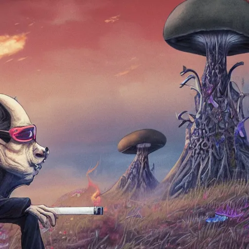 Prompt: a centered chest up portrait of a psychedelic demonic anthropomorphic badger smoking a hand - rolled cigarette smoking heavily, magic mushroom village in background. award winning. superb resolution. in the art style of junji ito and greg rutkowski. detailed mushroom city in background. hyper realistic anime. perfect art. dalle 2