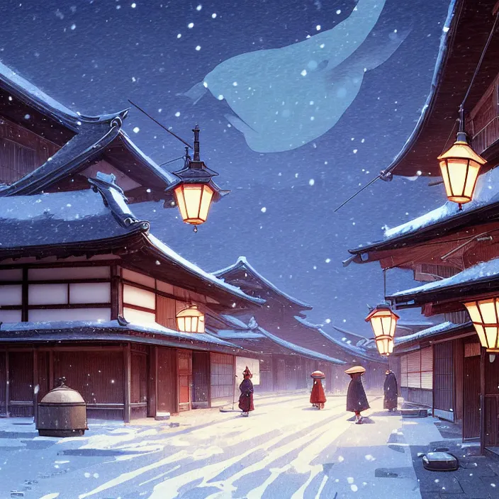 Image similar to empty rural japanese town at night, winter, in the style of studio ghibli, j. c. leyendecker, greg rutkowski, artem