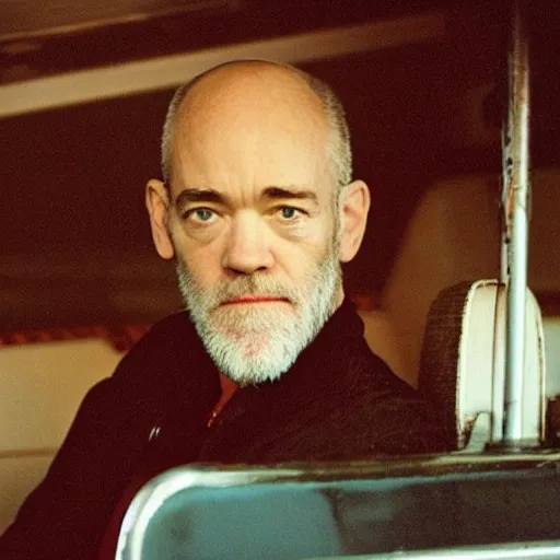 Image similar to photograph of michael stipe driving a train