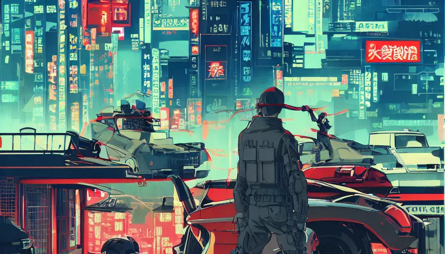 Prompt: Poster Illustration of neo-Tokyo bank robbery movie, Bank Robbery, Anime, Highly Detailed, Special Forces Security, Searchlights, Boat Dock, Special Agent, Water, Akira Color Palette, Inspired by Akira + MGS2 + FLCL, 8k :4 by Vincent Di Fate + Arc System works + Katsuhiro Otomo : 8