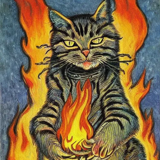 Prompt: a cat with fire in her claws, louis wain, fantasy art