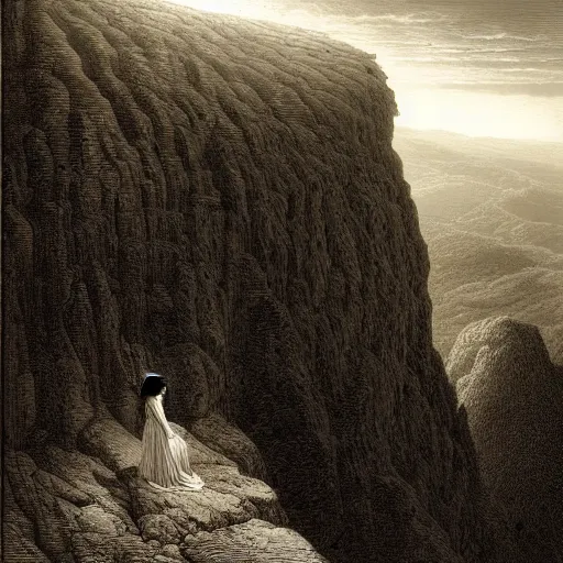 Image similar to A lonely woman looks down from a gigantic cliff, mountains, gorgeous view, lush valley, distant forest, spirals, distant city, distant glow, night, sunset, dramatic light, Chiaroscuro, long shadows, dark, masterpiece, high detail, detailed, illustration by Paul Gustave Doré