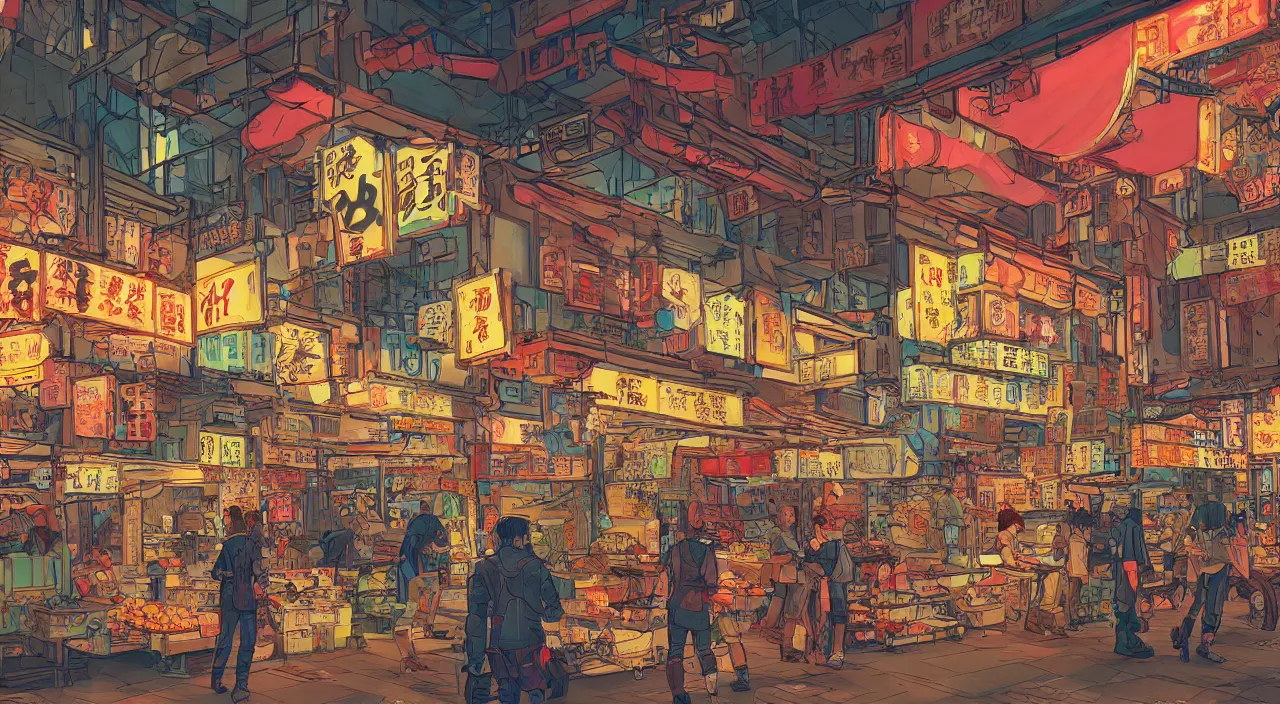 Image similar to a market in hong kong painting stylized digital illustration video game icon global illumination ray tracing neon that looks like it is from borderlands and by feng zhu and loish and laurie greasley, victo ngai, andreas rocha, john harris